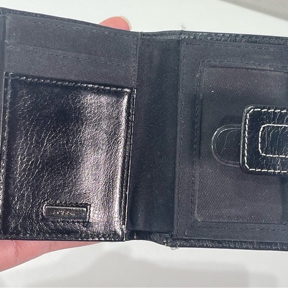 Fossil Genuine Leather Small Trifold Wallet Black White Stitch Snap Coin Purse - Picture 5 of 10